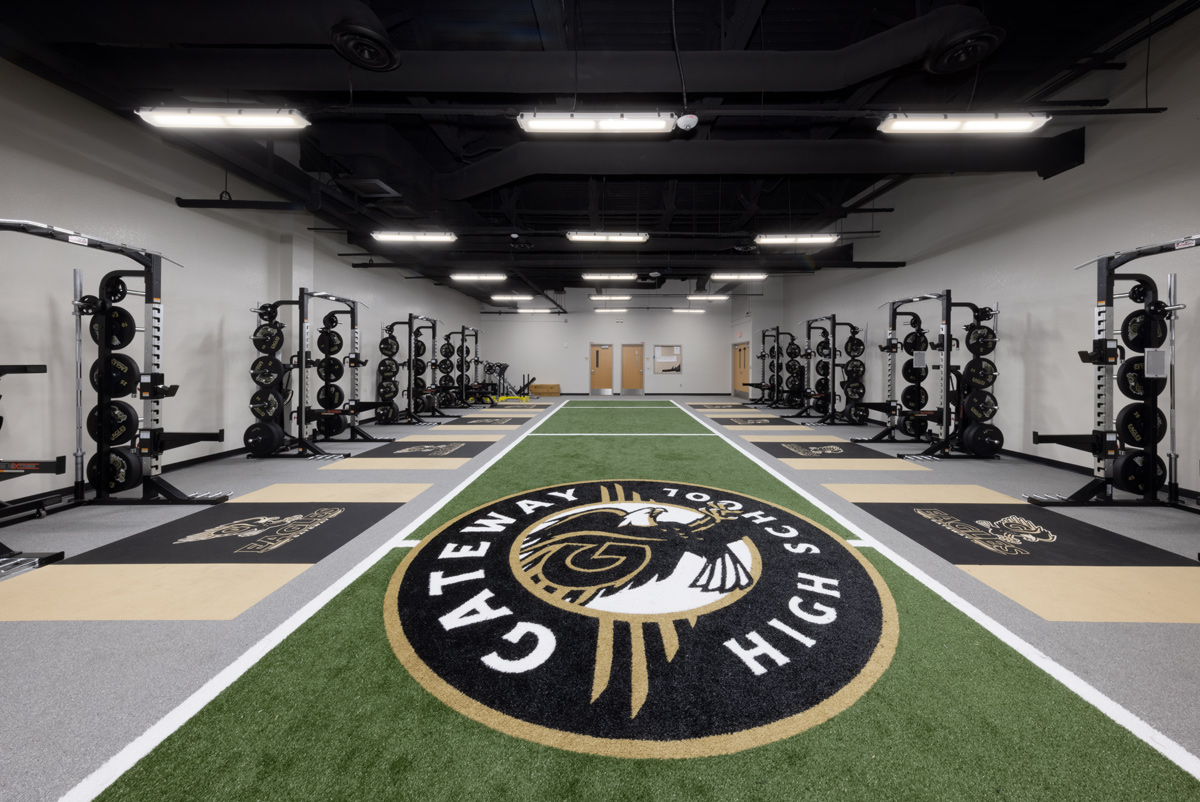 Interior design view of the fitness center at Gateway High School arts building in Fort Myers, FL.